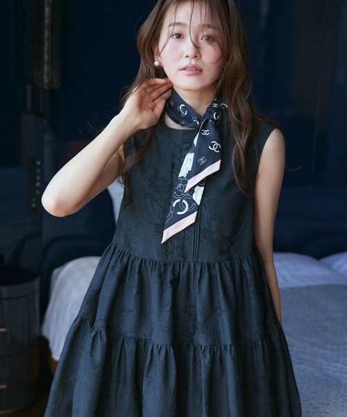 洗える 2WAY ｜ 襟付き シアー ジャカード ギャザー フレア ワンピース