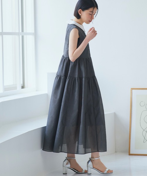 洗える 2WAY ｜ 襟付き シアー ジャカード ギャザー フレア ワンピース