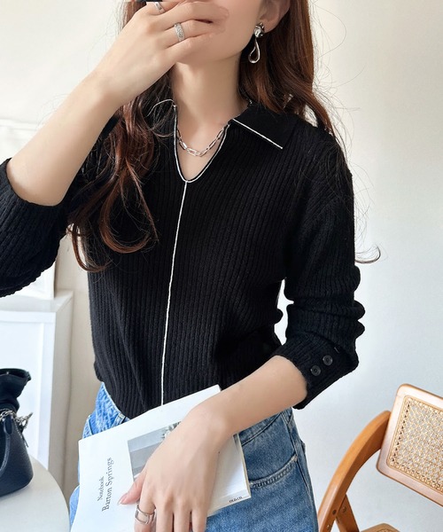 classicalelf（クラシカルエルフ）の「首元の抜けで細見え。インナーにも使える万能トップス♪配色ラインデザイン衿付きリブニット（ニット/セーター・レディース・ピンク/モカ/ブラック/グレー/オフホワイト・LARGE/MEDIUM/SMALL/X-LARGE）」の3枚目の写真