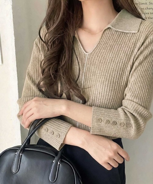 classicalelf（クラシカルエルフ）の「首元の抜けで細見え。インナーにも使える万能トップス♪配色ラインデザイン衿付きリブニット（ニット/セーター・レディース・ピンク/モカ/ブラック/グレー/オフホワイト・LARGE/MEDIUM/SMALL/X-LARGE）」の5枚目の写真