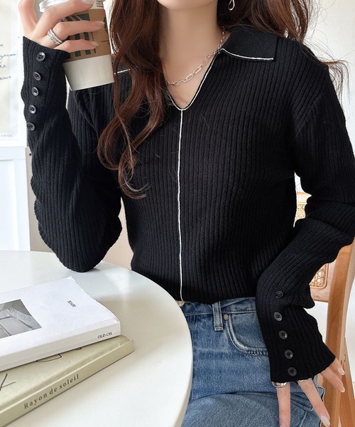 classicalelf（クラシカルエルフ）の「首元の抜けで細見え。インナーにも使える万能トップス♪配色ラインデザイン衿付きリブニット（ニット/セーター・レディース・ピンク/モカ/ブラック/グレー/オフホワイト・LARGE/MEDIUM/SMALL/X-LARGE）」の7枚目の写真