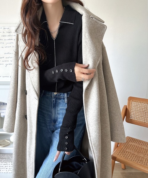 classicalelf（クラシカルエルフ）の「首元の抜けで細見え。インナーにも使える万能トップス♪配色ラインデザイン衿付きリブニット（ニット/セーター・レディース・ピンク/モカ/ブラック/グレー/オフホワイト・LARGE/MEDIUM/SMALL/X-LARGE）」の10枚目の写真