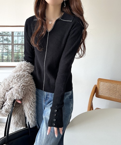 classicalelf（クラシカルエルフ）の「首元の抜けで細見え。インナーにも使える万能トップス♪配色ラインデザイン衿付きリブニット（ニット/セーター・レディース・ピンク/モカ/ブラック/グレー/オフホワイト・LARGE/MEDIUM/SMALL/X-LARGE）」の9枚目の写真