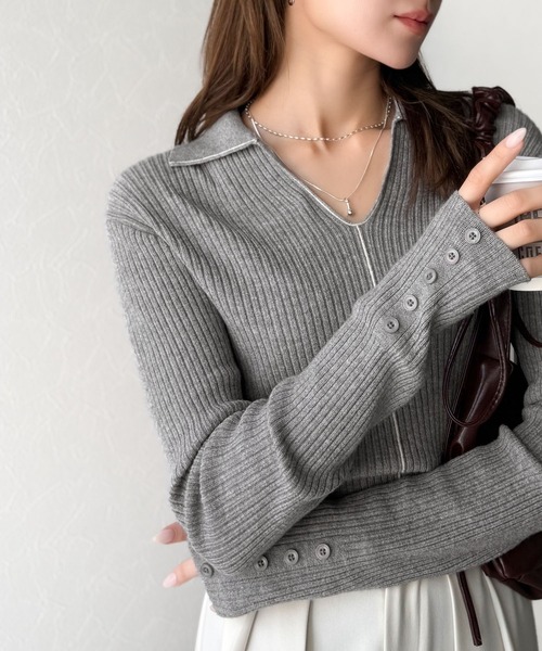 classicalelf（クラシカルエルフ）の「首元の抜けで細見え。インナーにも使える万能トップス♪配色ラインデザイン衿付きリブニット（ニット/セーター・レディース・ピンク/モカ/ブラック/グレー/オフホワイト・LARGE/MEDIUM/SMALL/X-LARGE）」の11枚目の写真