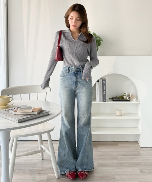 classicalelf（クラシカルエルフ）の「首元の抜けで細見え。インナーにも使える万能トップス♪配色ラインデザイン衿付きリブニット（ニット/セーター・レディース・ピンク/モカ/ブラック/グレー/オフホワイト・LARGE/MEDIUM/SMALL/X-LARGE）」の16枚目の写真