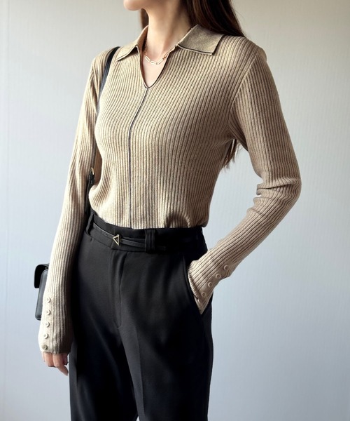 classicalelf（クラシカルエルフ）の「首元の抜けで細見え。インナーにも使える万能トップス♪配色ラインデザイン衿付きリブニット（ニット/セーター・レディース・ピンク/モカ/ブラック/グレー/オフホワイト・LARGE/MEDIUM/SMALL/X-LARGE）」の18枚目の写真