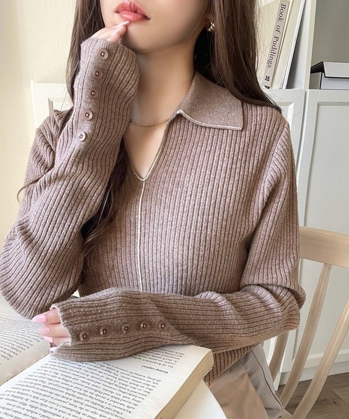 classicalelf（クラシカルエルフ）の「首元の抜けで細見え。インナーにも使える万能トップス♪配色ラインデザイン衿付きリブニット（ニット/セーター・レディース・ピンク/モカ/ブラック/グレー/オフホワイト・LARGE/MEDIUM/SMALL/X-LARGE）」の21枚目の写真