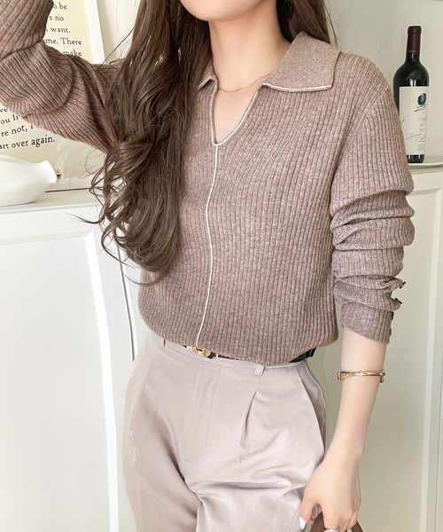 classicalelf（クラシカルエルフ）の「首元の抜けで細見え。インナーにも使える万能トップス♪配色ラインデザイン衿付きリブニット（ニット/セーター・レディース・ピンク/モカ/ブラック/グレー/オフホワイト・LARGE/MEDIUM/SMALL/X-LARGE）」の19枚目の写真