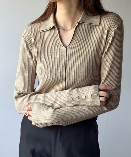 classicalelf（クラシカルエルフ）の「首元の抜けで細見え。インナーにも使える万能トップス♪配色ラインデザイン衿付きリブニット（ニット/セーター・レディース・ピンク/モカ/ブラック/グレー/オフホワイト・LARGE/MEDIUM/SMALL/X-LARGE）」の20枚目の写真