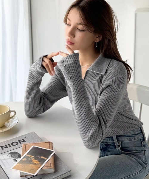 classicalelf（クラシカルエルフ）の「首元の抜けで細見え。インナーにも使える万能トップス♪配色ラインデザイン衿付きリブニット（ニット/セーター・レディース・ピンク/モカ/ブラック/グレー/オフホワイト・LARGE/MEDIUM/SMALL/X-LARGE）」の15枚目の写真