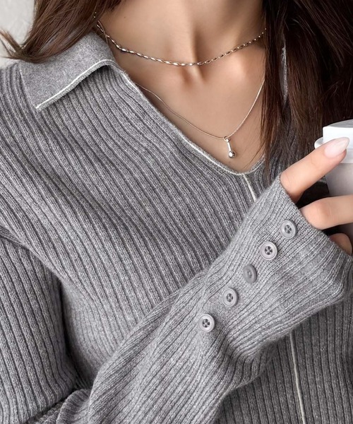 classicalelf（クラシカルエルフ）の「首元の抜けで細見え。インナーにも使える万能トップス♪配色ラインデザイン衿付きリブニット（ニット/セーター・レディース・ピンク/モカ/ブラック/グレー/オフホワイト・LARGE/MEDIUM/SMALL/X-LARGE）」の22枚目の写真
