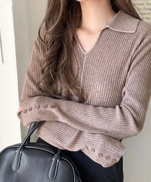 classicalelf（クラシカルエルフ）の「首元の抜けで細見え。インナーにも使える万能トップス♪配色ラインデザイン衿付きリブニット（ニット/セーター・レディース・ピンク/モカ/ブラック/グレー/オフホワイト・LARGE/MEDIUM/SMALL/X-LARGE）」の17枚目の写真