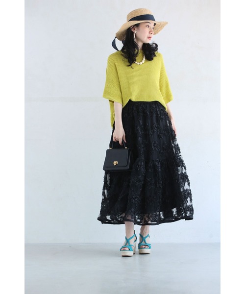 cawaii（カワイイ）の「（黒）ふわふわと花が浮かぶ2重チュールミディアムスカート（スカート・レディース・ブラック・FREE）」の2枚目の写真