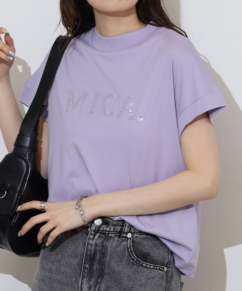 EGLANTINE(エグランティーヌ)の「EGLANTINE MICAスパンコールロゴ半袖Tシャツ【日本製】(Tシャツ/カットソー・レディース・ブラック/イエロー/オフホワイト/ラベンダー/シルバーグレー・40)」の4枚目の写真