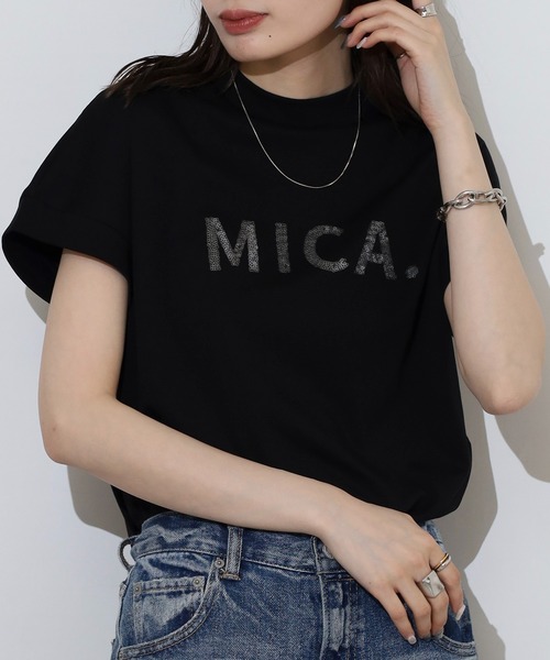 EGLANTINE(エグランティーヌ)の「EGLANTINE MICAスパンコールロゴ半袖Tシャツ【日本製】(Tシャツ/カットソー・レディース・ブラック/イエロー/オフホワイト/ラベンダー/シルバーグレー・40)」の2枚目の写真