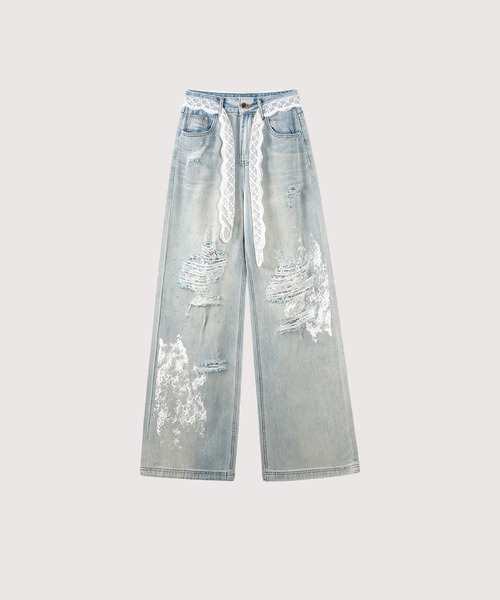 LA POMME petit（ラポミ・プチ）の「Crystal Lace Belt Ripped Jeans