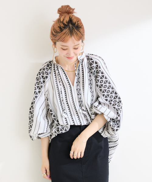 B.C STOCK(ベーセーストック)の「手洗い可 / ジャカードスキッパーブラウス(シャツ/ブラウス・レディース・ホワイト/ブラック・FREE)」の16枚目の写真