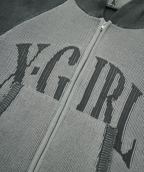 X-girl（エックスガール）の「LOGO JACQUARD ZIP UP KNIT HOODIE（ニット/セーター・レディース・グレー/ピンク/オリーブ・ONE SIZE）」の6枚目の写真