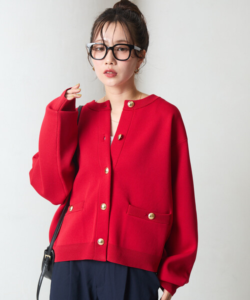 美品　プリーツプリーズ　ロングカーディガン　ポケット付き　ボタン　赤　サイズ3 美品 プリーツプリーズ ロングカーディガン ポケット付き ボタン 赤