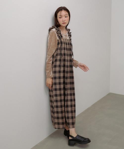 セール】チェックギャザージャンパーワンピース（ワンピース）｜Bab