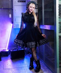 ベロア×チェックフリルワンピース