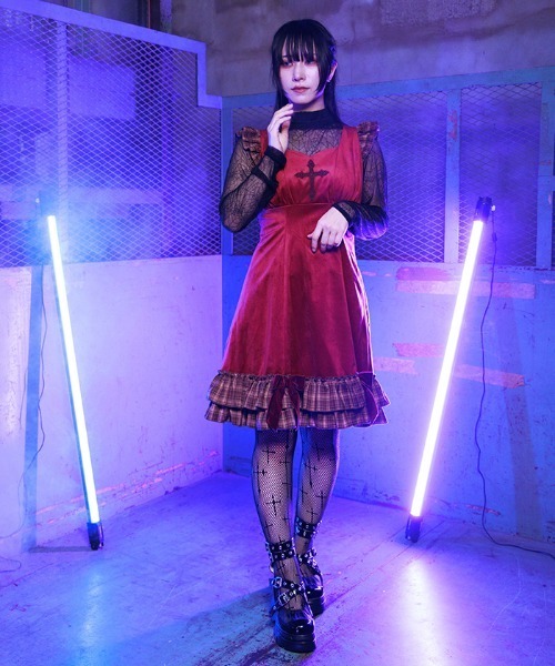 NIBBLE POISON(ニブルポイズン)の「ベロア×チェックフリルワンピース(ワンピース・レディース・ワイン/ブルーグリーン/ブラック・MEDIUM)」の6枚目の写真