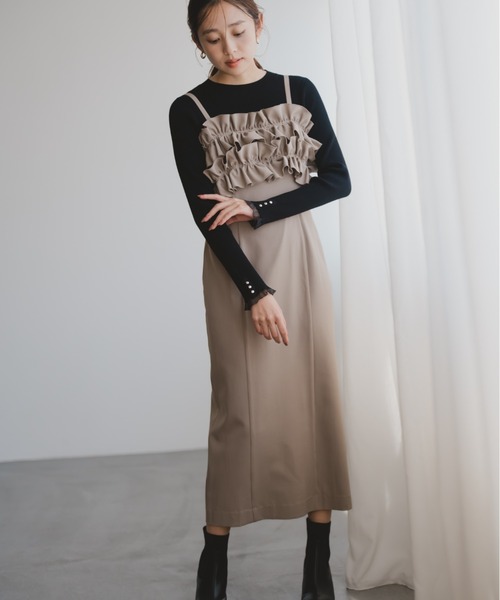 MISCH MASCH(ミッシュマッシュ)の「2025秋冬新作 ダブルフリルキャミワンピース(ジャンパースカート・レディース・ブラック×ホワイト/ベージュ/グレー・M/S)」の3枚目の写真