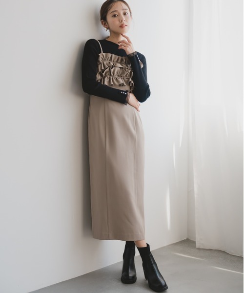 MISCH MASCH(ミッシュマッシュ)の「2025秋冬新作 ダブルフリルキャミワンピース(ジャンパースカート・レディース・ブラック×ホワイト/ベージュ/グレー・M/S)」の5枚目の写真