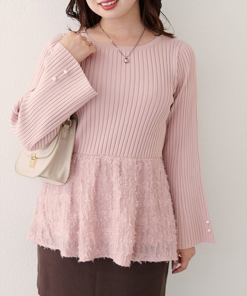 セール】【WEB限定】〈canami〉ニットドッキングフリンジぺプラムTOPS