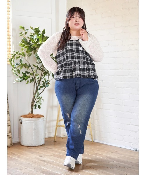 Re-J&SUPURE（リジェイアンドスプル）の「【大きいサイズ】【Kannaコラボ】ダメージデニム（デニムパンツ・レディース・ブルー/ネイビー・XX-LARGE/XXX-LARGE/XXXX-LARGE）」の14枚目の写真