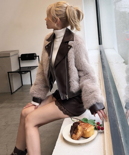 ROYAL PARTY（ロイヤルパーティー）の「ファーライダースジャケット（ライダースジャケット・レディース・モカ/ブラック/オフホワイト・FREE）」の3枚目の写真