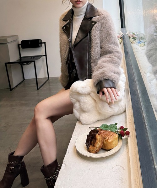 ROYAL PARTY（ロイヤルパーティー）の「ファーライダースジャケット（ライダースジャケット・レディース・モカ/ブラック/オフホワイト・FREE）」の10枚目の写真