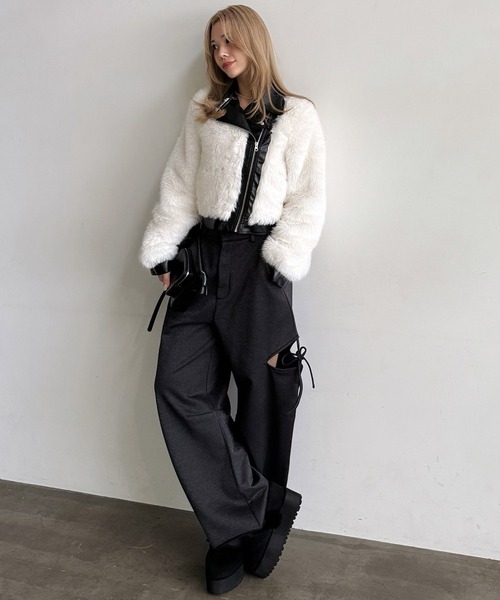 ROYAL PARTY（ロイヤルパーティー）の「ファーライダースジャケット（ライダースジャケット・レディース・モカ/ブラック/オフホワイト・FREE）」の4枚目の写真