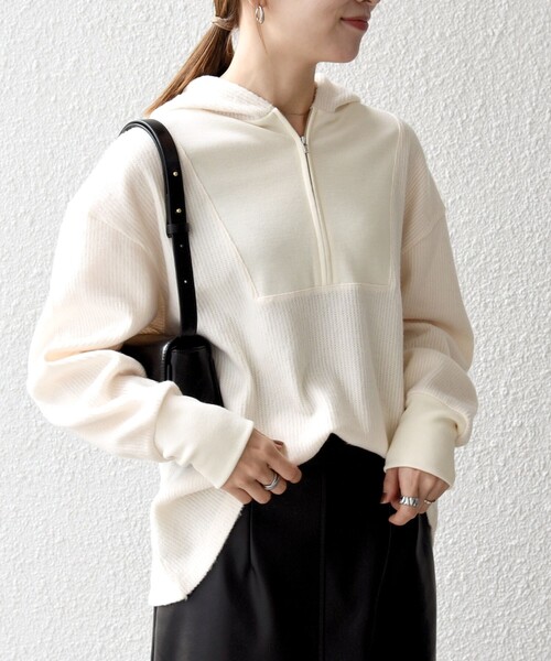 SHIPS any（シップス エニィ）の「SHIPS any:〈手洗い可能〉起毛 ワッフル ハーフジップ フーディー プルオーバー（Tシャツ/カットソー・レディース・オレンジ/オフホワイト/チャコールグレー・ONE SIZE）」の7枚目の写真
