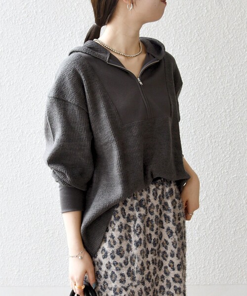 SHIPS any（シップス エニィ）の「SHIPS any:〈手洗い可能〉起毛 ワッフル ハーフジップ フーディー プルオーバー（Tシャツ/カットソー・レディース・オレンジ/オフホワイト/チャコールグレー・ONE SIZE）」の15枚目の写真