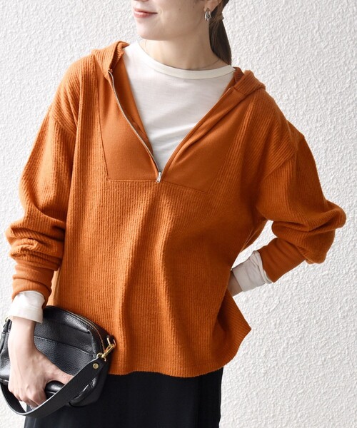 SHIPS any（シップス エニィ）の「SHIPS any:〈手洗い可能〉起毛 ワッフル ハーフジップ フーディー プルオーバー（Tシャツ/カットソー・レディース・オレンジ/オフホワイト/チャコールグレー・ONE SIZE）」の21枚目の写真