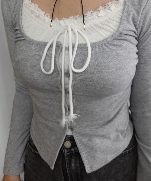 Lots of Love（ロッツオブラブ）の「フロントリボンレイヤードフリルトップス（Tシャツ/カットソー・レディース・アイボリー/グレー/ブラック・M）」の11枚目の写真