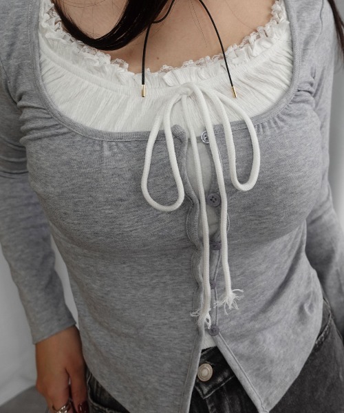 Lots of Love（ロッツオブラブ）の「フロントリボンレイヤードフリルトップス（Tシャツ/カットソー・レディース・アイボリー/グレー/ブラック・M）」の12枚目の写真