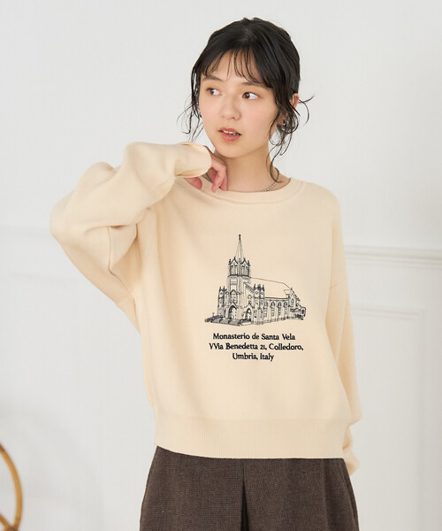 刺繍 スウェットライクニット/コンパクトニット（ニット/セーター