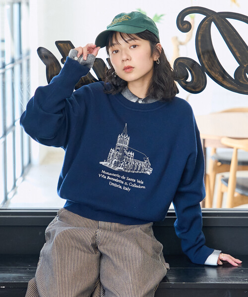 刺繍 スウェットライクニット/コンパクトニット（ニット/セーター