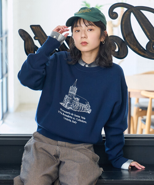 刺繍 スウェットライクニット/コンパクトニット（ニット/セーター