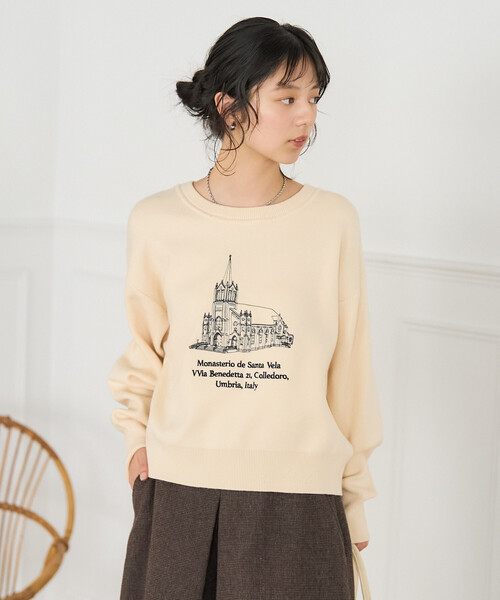 刺繍 スウェットライクニット/コンパクトニット（ニット/セーター