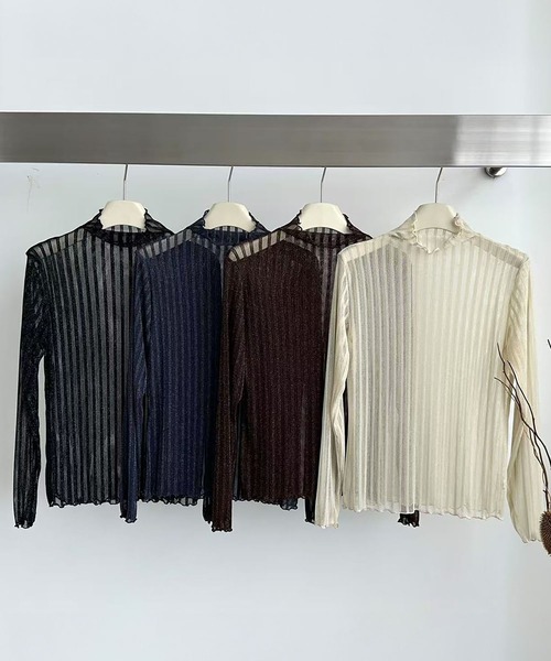 セール】ハイネック シアートップス 長袖 シースルートップス ボーダー