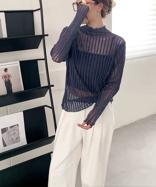 セール】ハイネック シアートップス 長袖 シースルートップス ボーダー