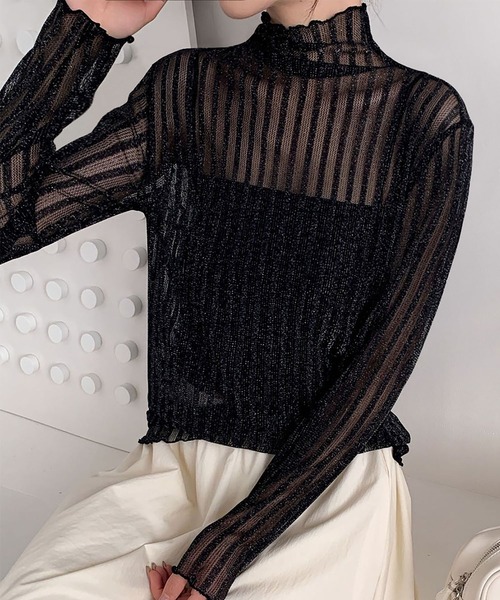 セール】ハイネック シアートップス 長袖 シースルートップス ボーダー