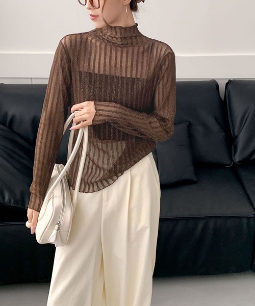 セール】ハイネック シアートップス 長袖 シースルートップス ボーダー