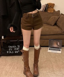 ベルト付きハイウエスト ウール ホットパンツ