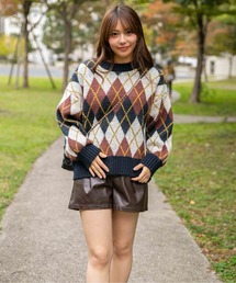 《レトロカレッジ》レディース アーガイル柄ニット ゆるシルエット 秋冬
