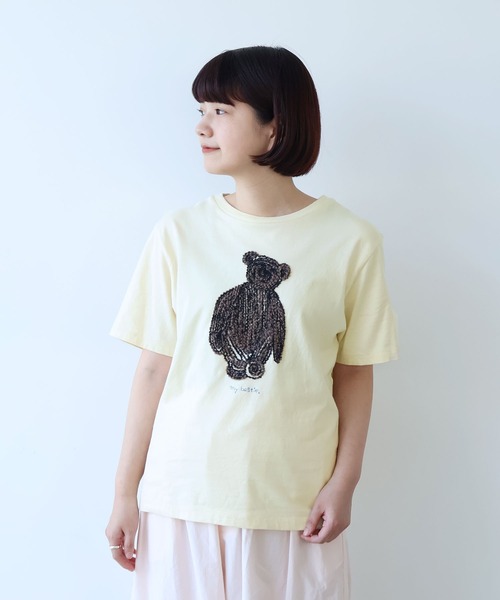 bulle de savon(ビュルデサボン)の「くまのぬいぐるみ刺繍Tシャツ(Tシャツ/カットソー・レディース・ブルー/ブラウン/イエロー・FREE)」の3枚目の写真