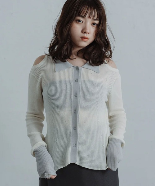 merrylatte（メリーラテ）の「stone sheer polo knit（ニット/セーター・レディース・ブルー/アイボリー・FREE）」の2枚目の写真